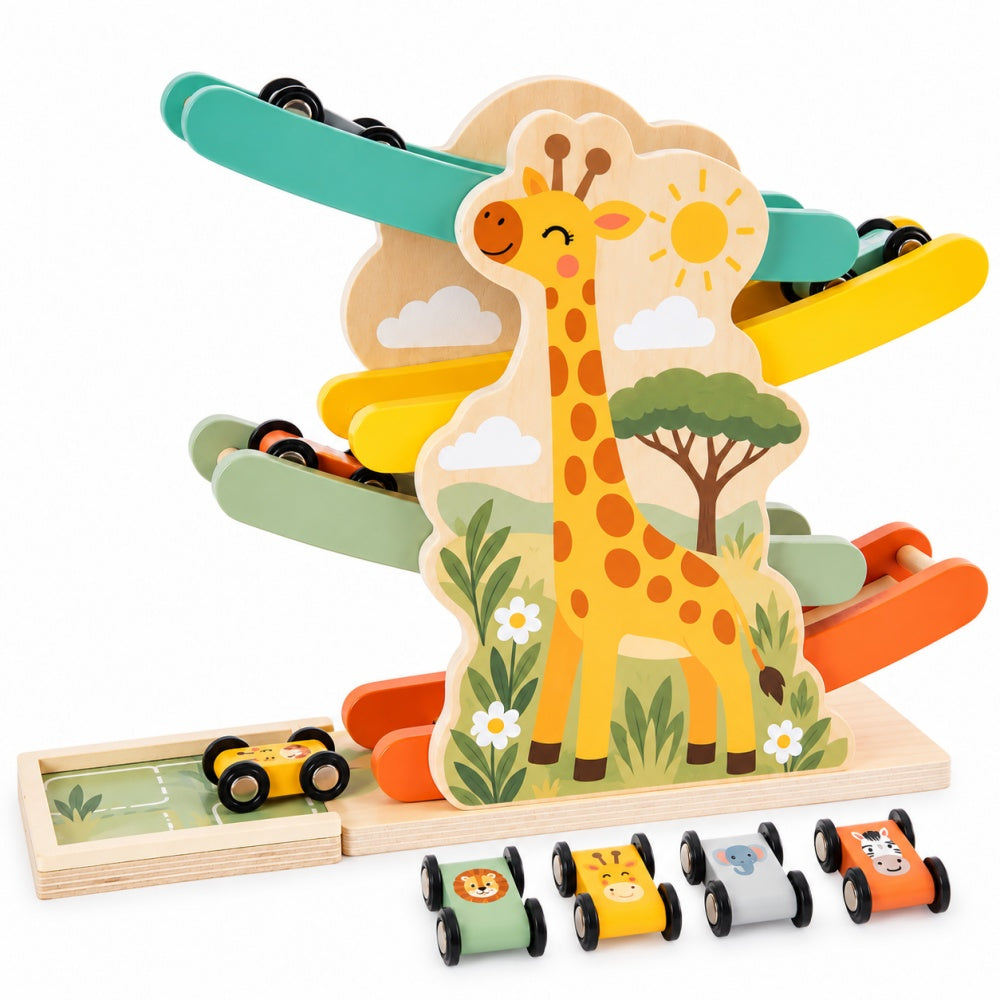4-Level Wooden Giraffe Car Ramp Racer with Animal Cars
