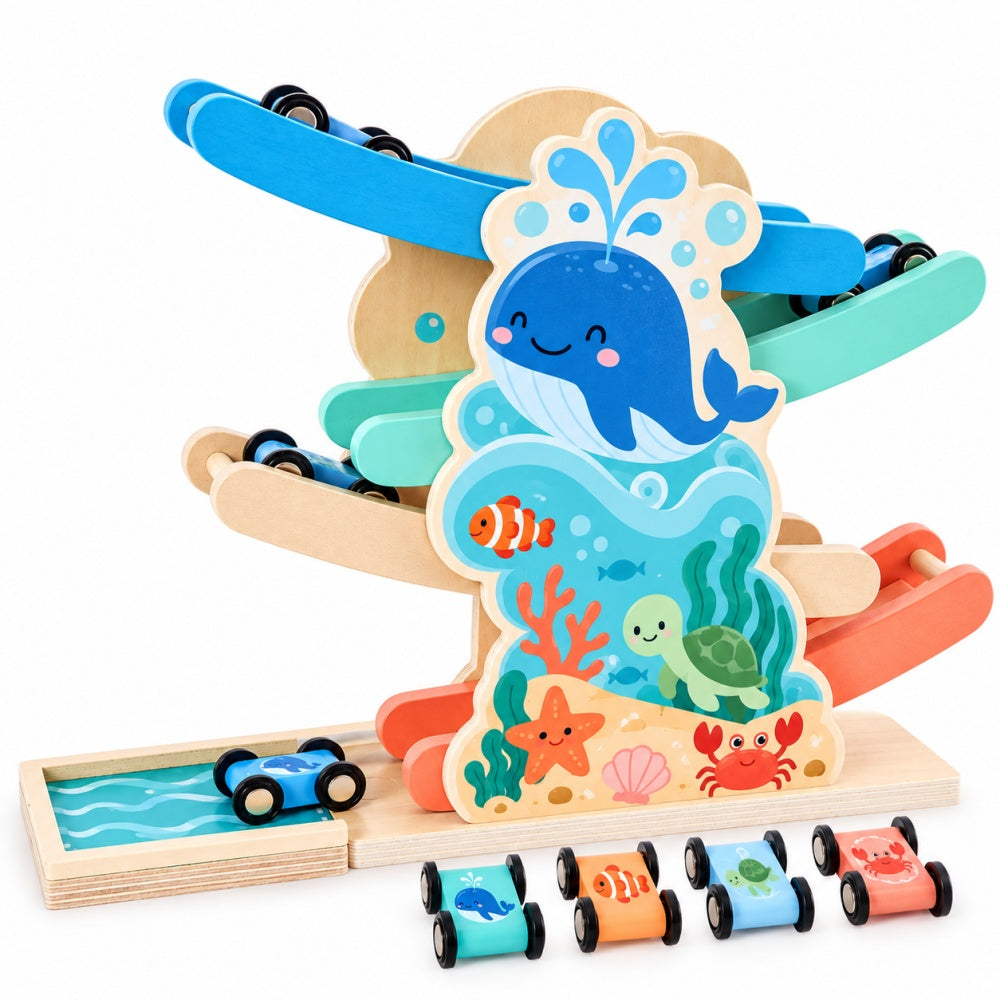 4-Level Wooden Whale Car Ramp Racer with Ocean Animal Cars