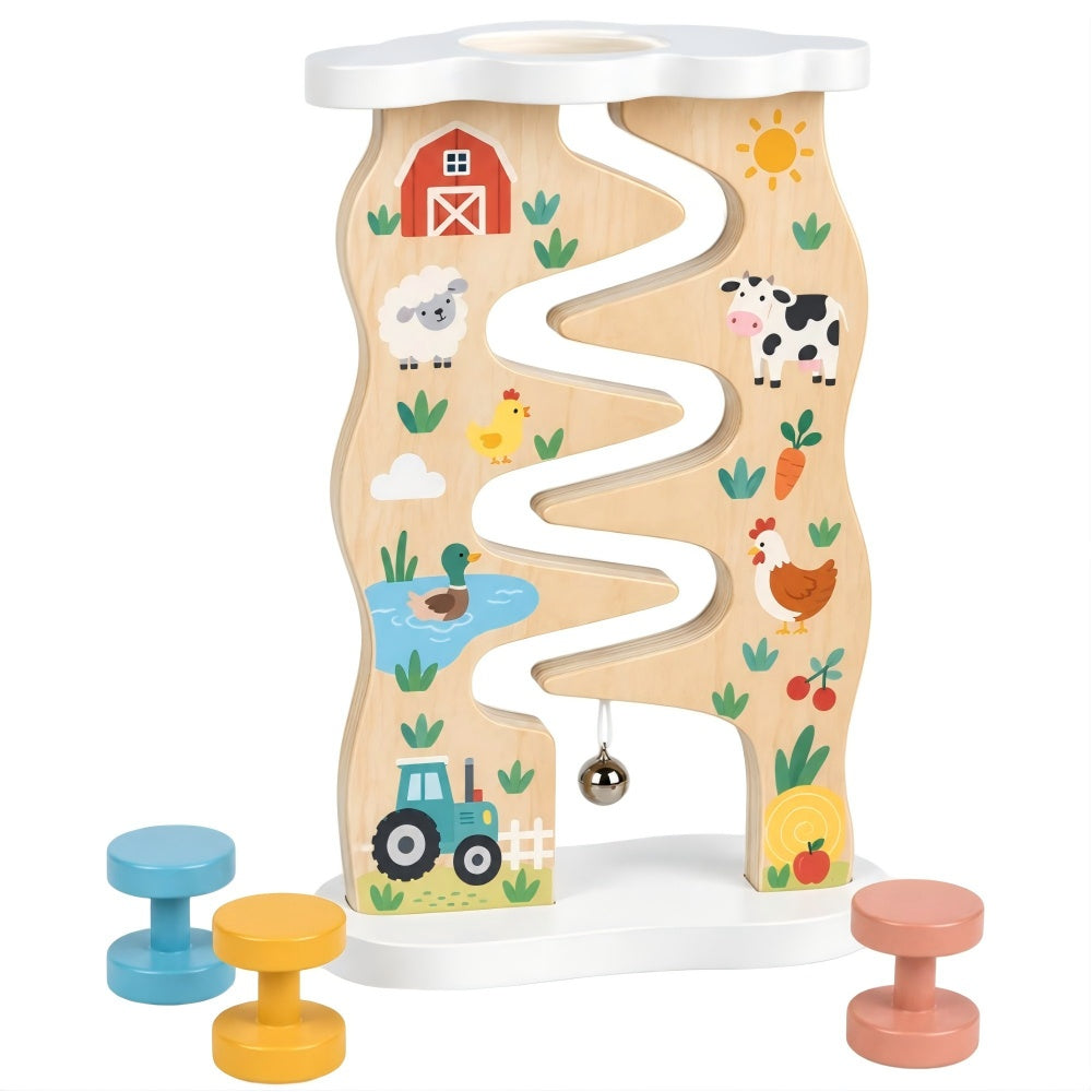 Wooden Farm Roller Ramp Toy with Bell