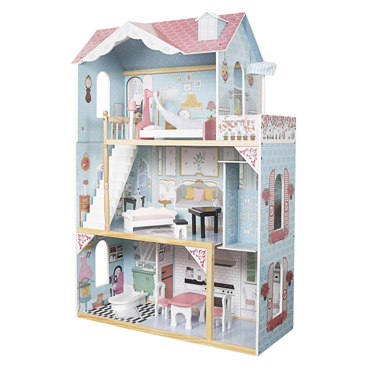 Montessori Wooden 3-Story Blue Dollhouse Playset