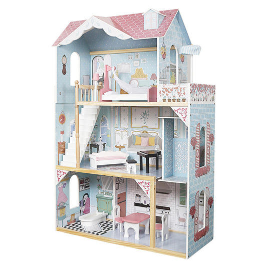 Montessori Wooden 3-Story Blue Dollhouse Playset