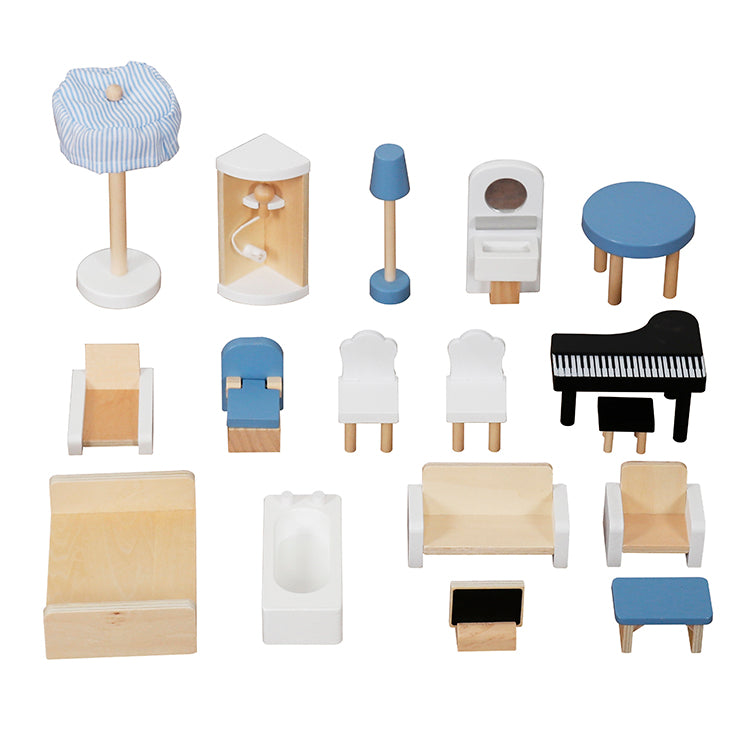 Wholesale 3-Story Blue Roof Wooden Dollhouse Playset