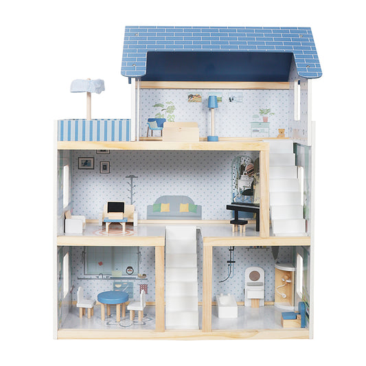 Wholesale 3-Story Blue Roof Wooden Dollhouse Playset