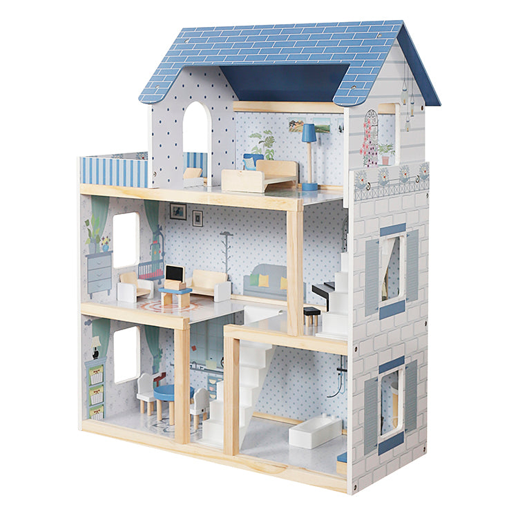 Wholesale 3-Story Blue Roof Wooden Dollhouse Playset