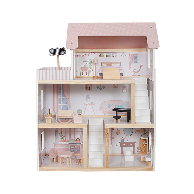 Wooden 3-Story Pink Dollhouse Playset with Furniture