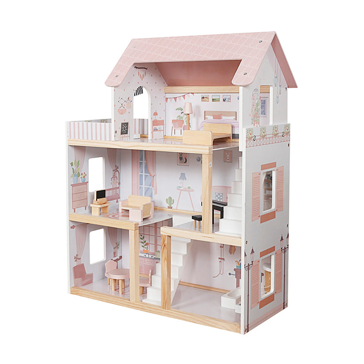 Wooden 3-Story Pink Dollhouse Playset with Furniture