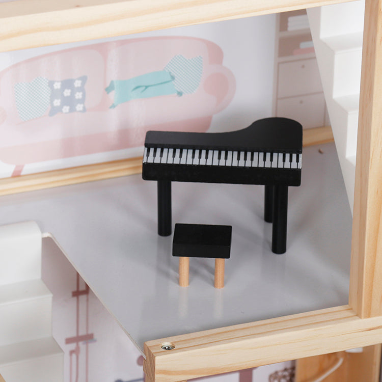 Wooden 3-Story Pink Dollhouse Playset with Furniture