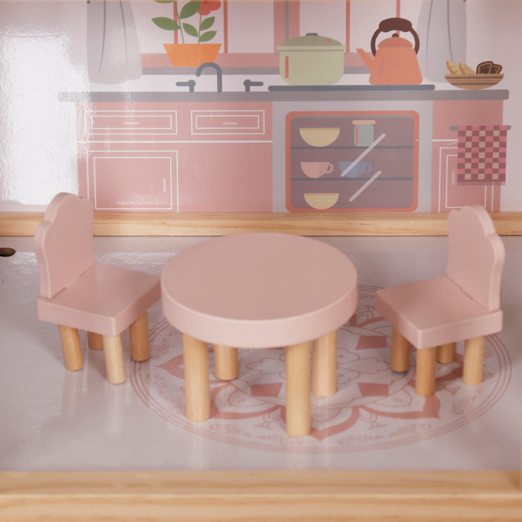 Wooden 3-Story Pink Dollhouse Playset with Furniture