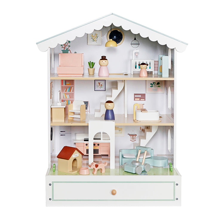 Montessori Wooden Dollhouse | 3-Tier Kids Doll House with Storage Drawer OEM Supplier