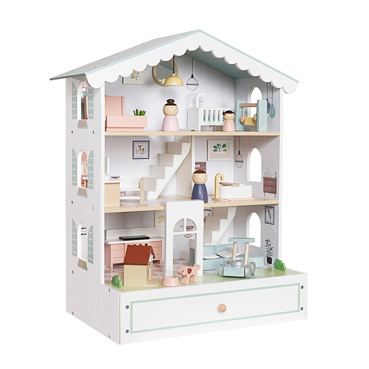 Montessori Wooden Dollhouse | 3-Tier Kids Doll House with Storage Drawer OEM Supplier