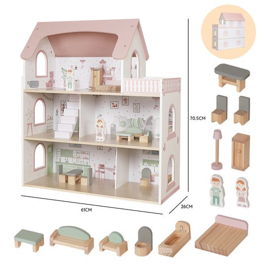 Wooden Pink Doll House for Girls with Balcony,DIY Pretend Dolls Play House Toy
