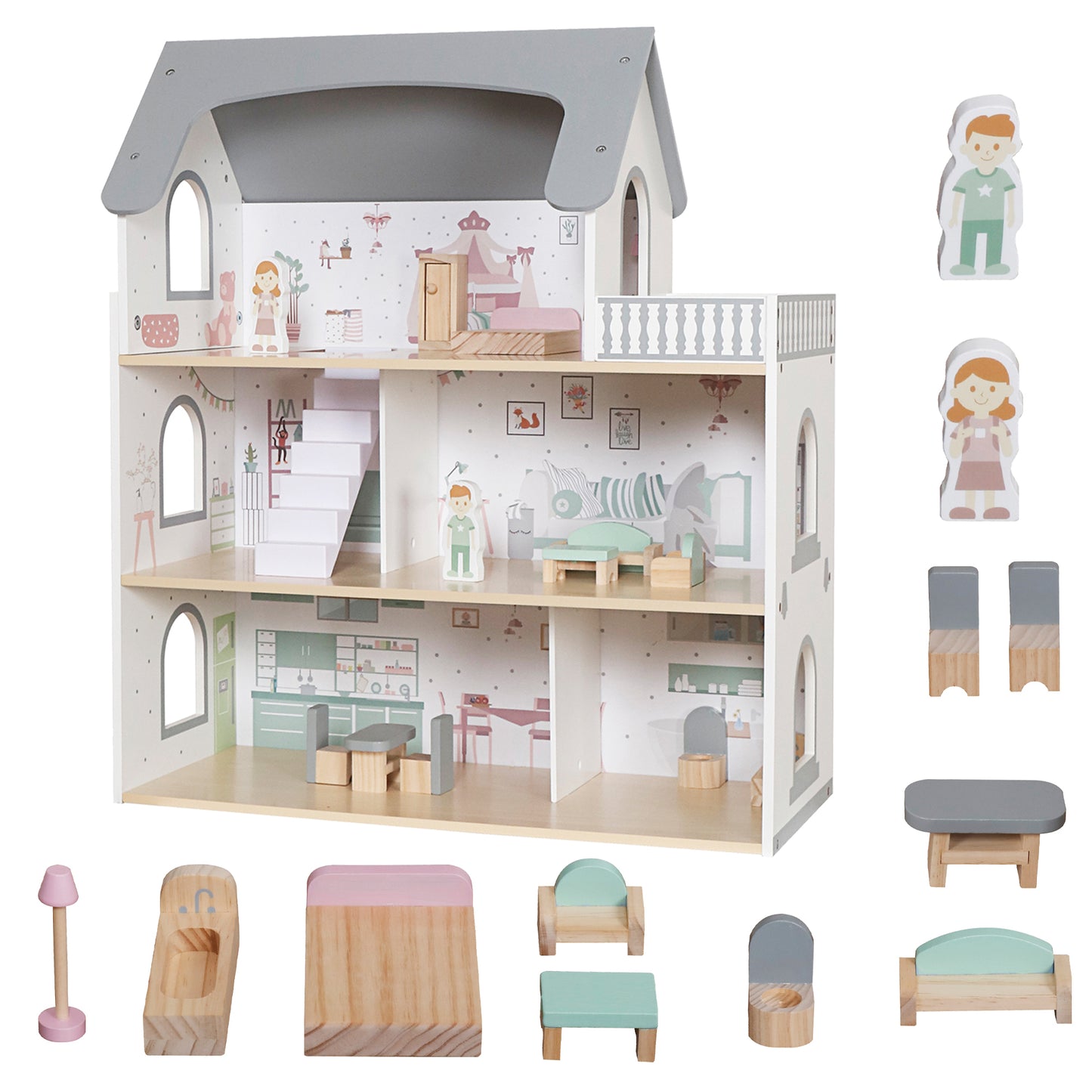Wooden Dream Playhouse for Girls with Balcony,Doll House for Kids with Furniture