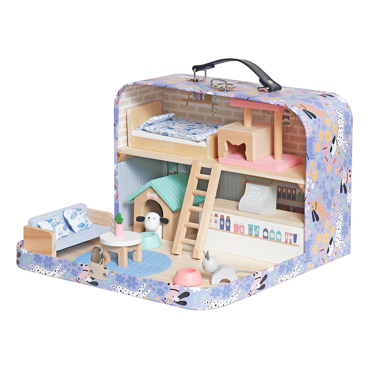 Wholesale Kids Wooden Pet House Play Set in Carry Case, Pretend Play Dollhouse, OEM Available