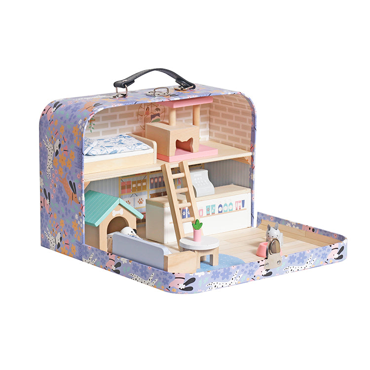 Wholesale Kids Wooden Pet House Play Set in Carry Case, Pretend Play Dollhouse, OEM Available