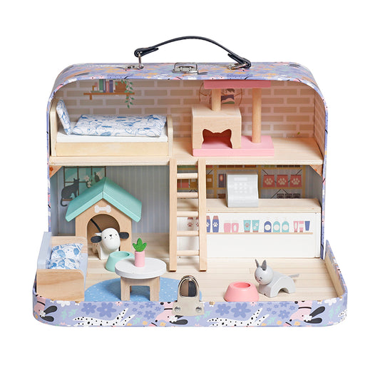 Wholesale Kids Wooden Pet House Play Set in Carry Case, Pretend Play Dollhouse, OEM Available