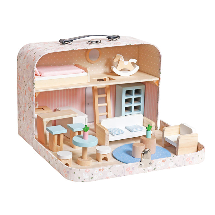 Wholesale Kids Wooden Dollhouse in Carry Case, Portable Pretend Play Doll House, OEM Available