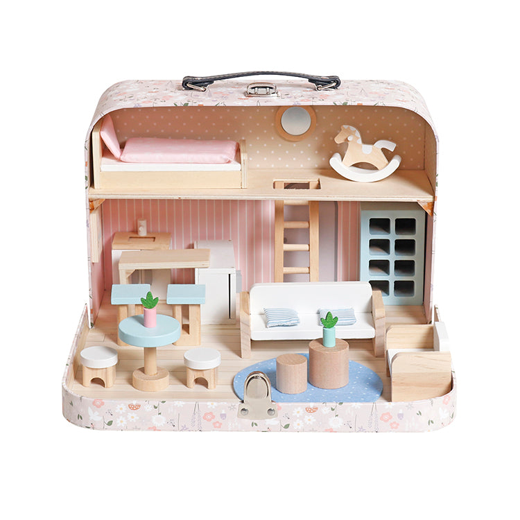Wholesale Kids Wooden Dollhouse in Carry Case, Portable Pretend Play Doll House, OEM Available