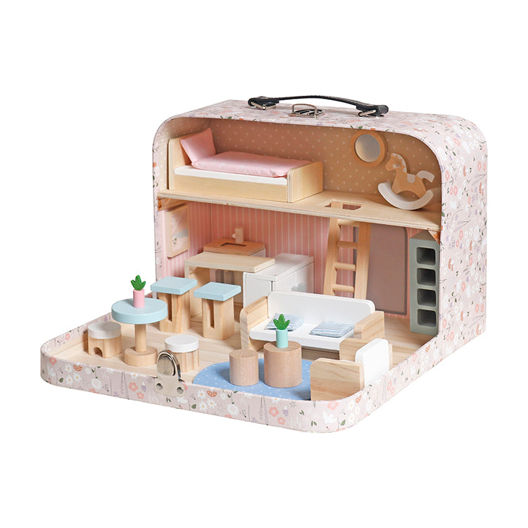 Wholesale Kids Wooden Dollhouse in Carry Case, Portable Pretend Play Doll House, OEM Available