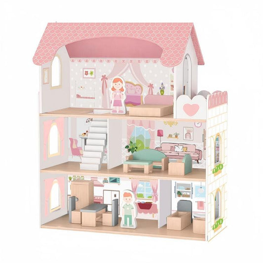 3-Story Pink Wooden Dollhouse