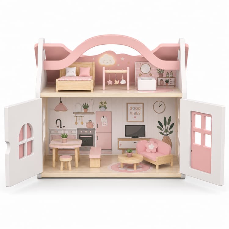 Pink Two-Story Mini Wooden Dollhouse Toy with Furniture