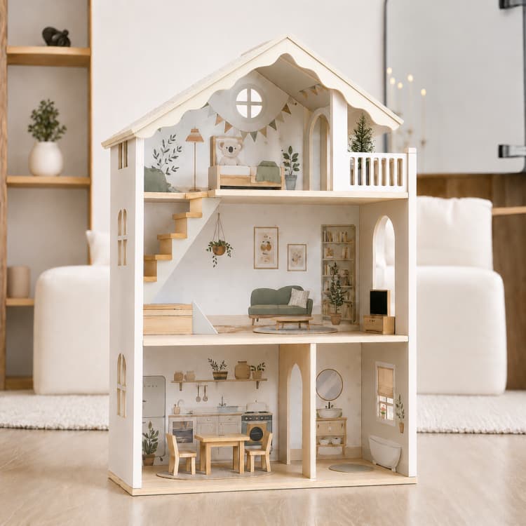 3-Story Natural Kids Wood Doll house with Mini Furniture