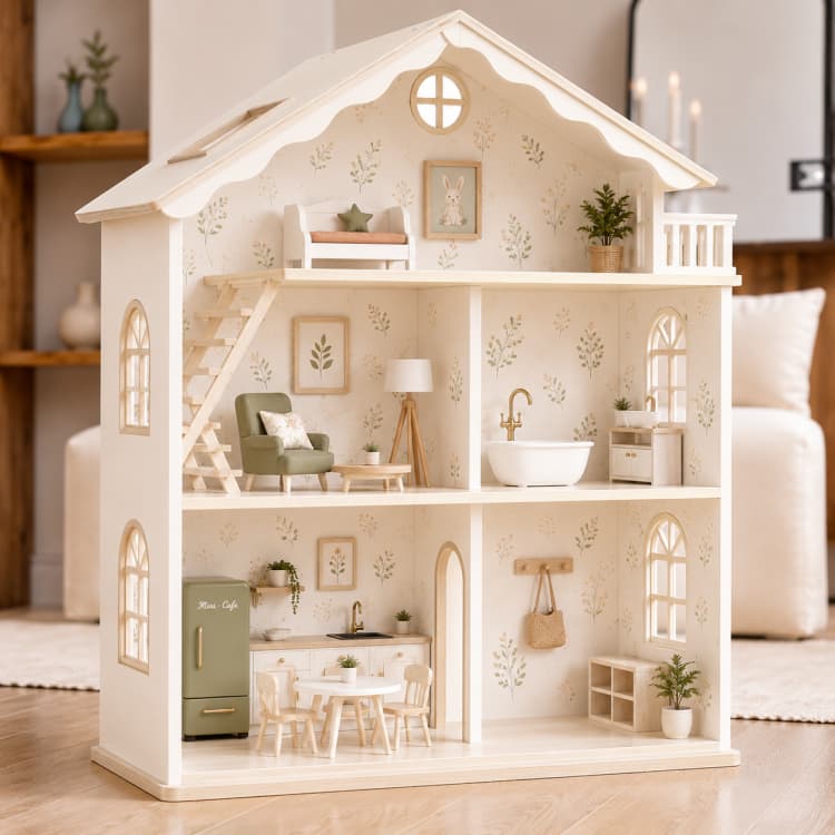 3-Story Off-White Neutral Wooden Dollhouse Set