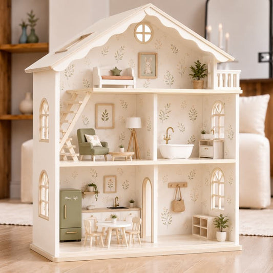 3-Story Off-White Neutral Wooden Dollhouse Set