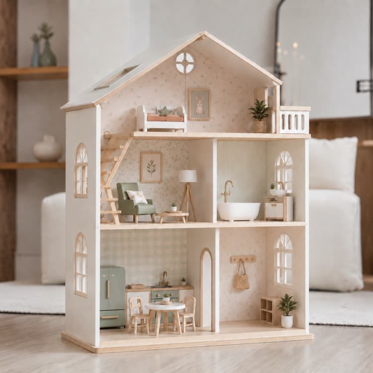3-Story Off-White Neutral Wooden Dollhouse Set