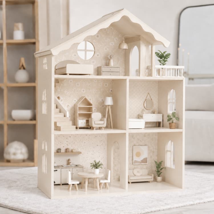 3-Story Off-White Neutral Wooden Dollhouse Set