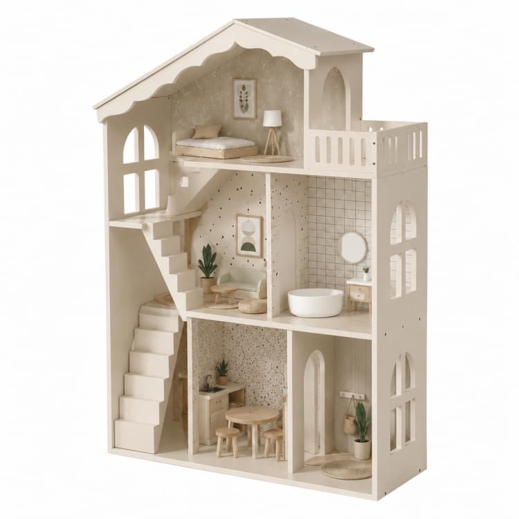 3-Story Cream Wooden Dollhouse for Girls