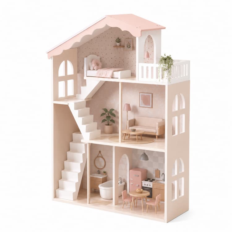 Pink Roof Asymmetrical Wooden Dollhouse with Furniture Toys