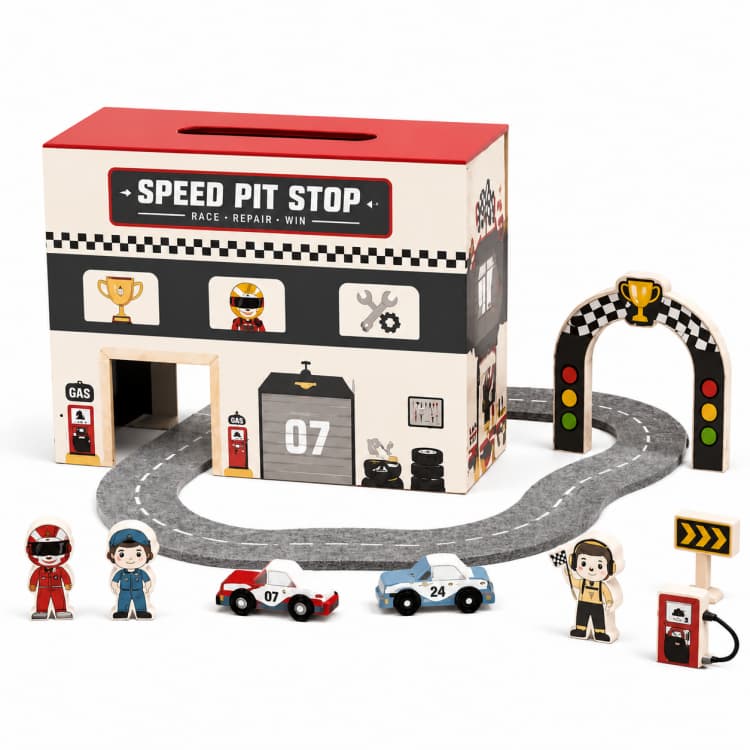 Toddler Neutral Racing Theme Wooden Pretend Pit Station Toy Set