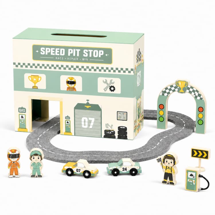 Wooden Speed Pit Stop Race Car Garage Play Set with Felt Track