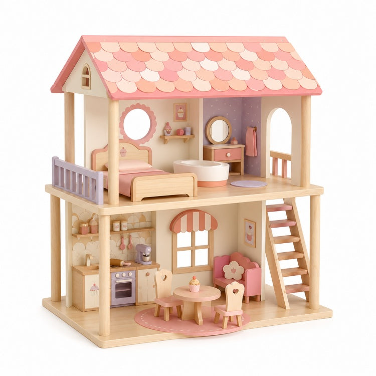 Pink Two-Story Wooden Doll House with Furniture Toy