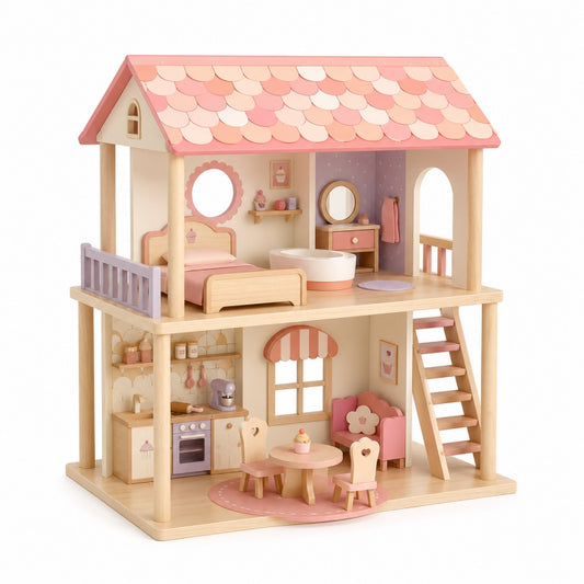 Pink Two-Story Wooden Doll House with Furniture Toy