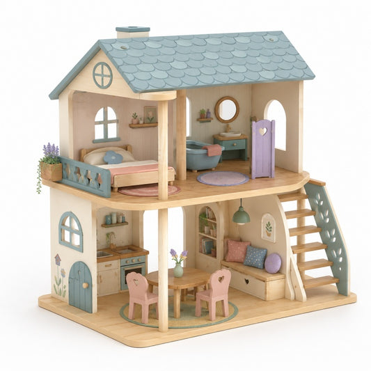 OEM Pretend Play Blue Wooden Doll House for Kids