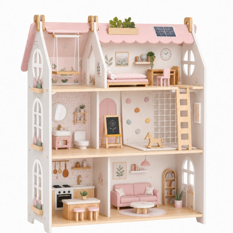 Large Wooden Dollhouse for Kids – 3-Story Furnished Pretend Play House