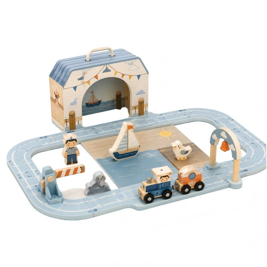 Wooden Seaport Train Track Play Set with Portable Storage Box