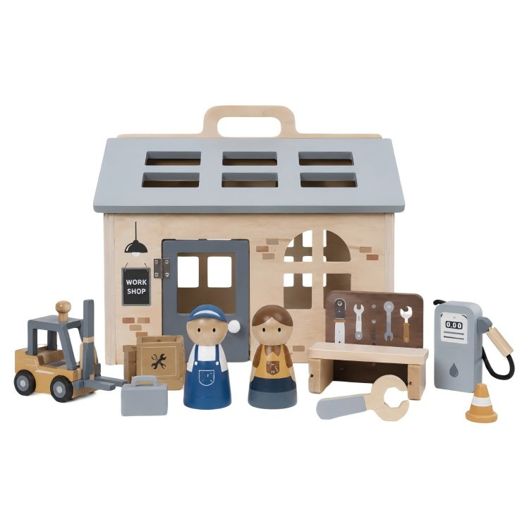 Wooden Workshop Playset for Kids – Pretend Mechanic Garage & Tool Shop Set