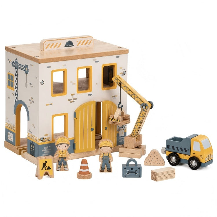 Wooden Construction Site Playset for Kids – Builder Worksite with Crane & Truck