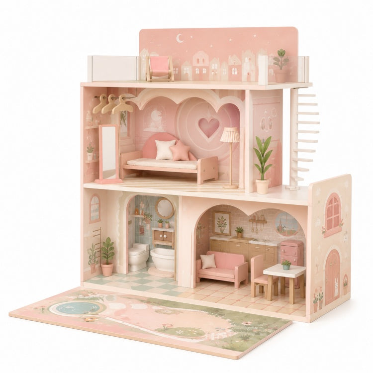 Pink Wooden Dollhouse for Kids – Modern Furnished Pretend Play House