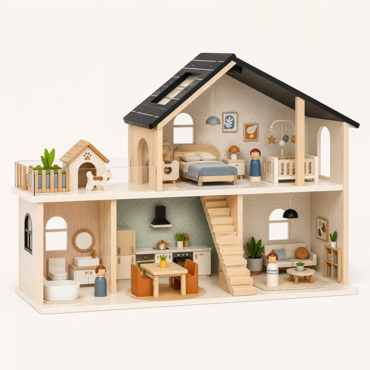 Modern Wooden Dollhouse for Kids – 2-Story Furnished Family Pretend Play House