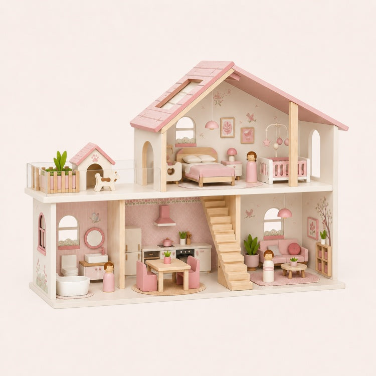 Modern Wooden Dollhouse for Kids – 2-Story Furnished Family Pretend Play House