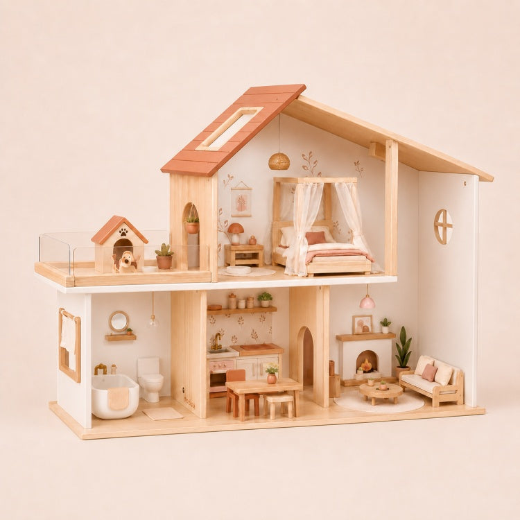 Modern Wooden Dollhouse for Kids – 2-Story Furnished Family Pretend Play House