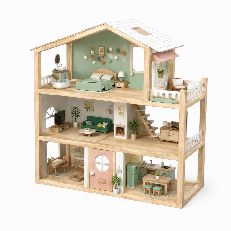 Large Modern Wooden Dollhouse for Kids – 3-Story Furnished Family Play House