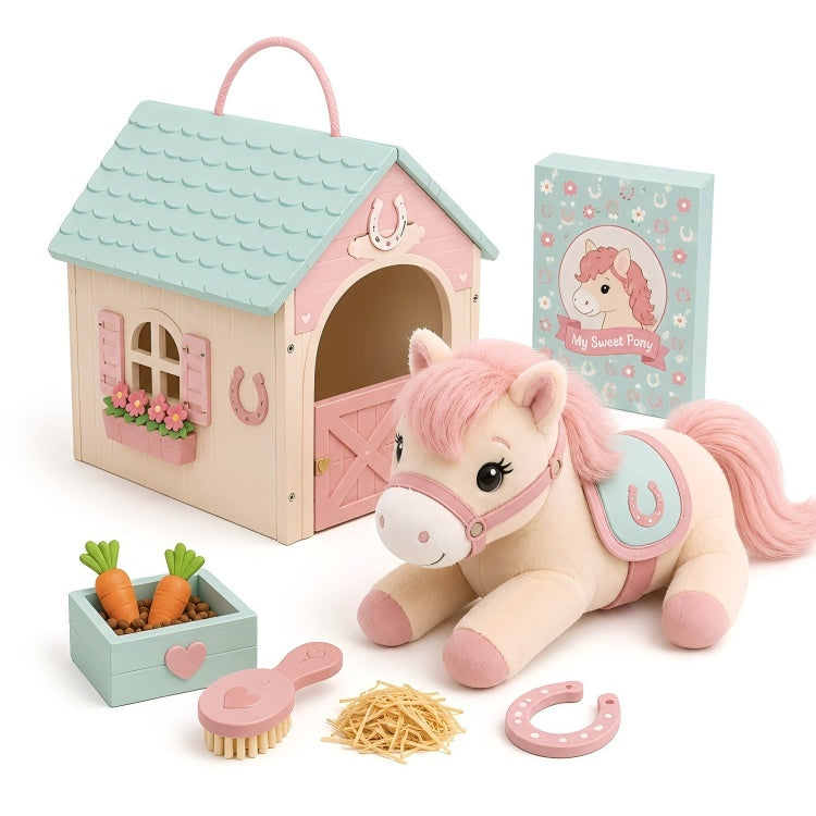 Kids Pony Stable Playset – Wooden Horse Stable with Plush Pony & Grooming Accessories
