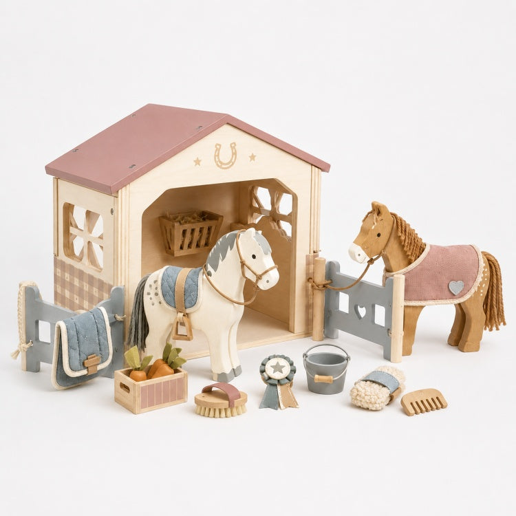 Wooden Horse Stable Playset for Kids – Equestrian Grooming & Care Toy Set