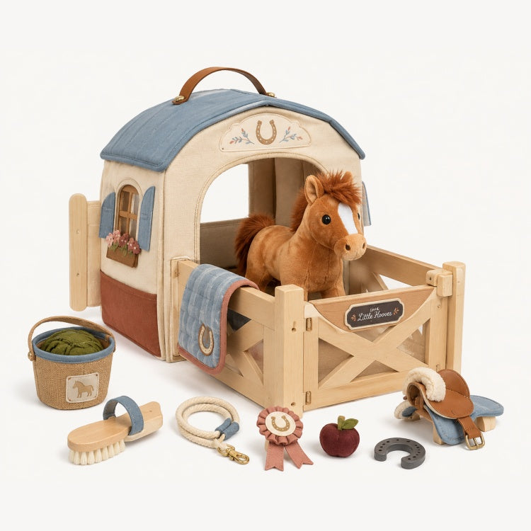 Kids Pony Stable Playset – Wooden Horse Stable with Plush Pony & Grooming Accessories