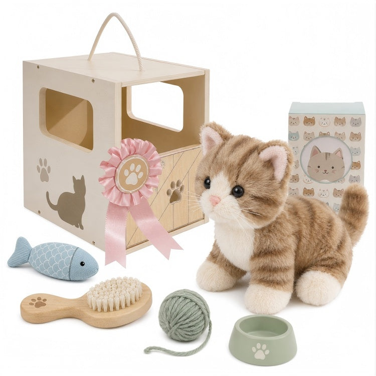 Cat Care Playset for Kids – Wooden Cat House with Plush Kitten & Pet Accessories