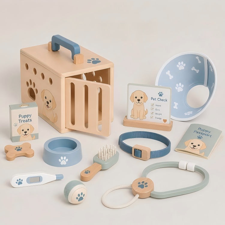 Puppy Vet Playset for Kids – Wooden Pet Carrier & Pretend Veterinary Kit